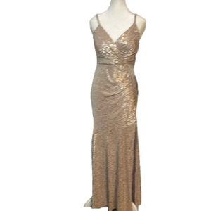 Nightway NWT Women's Ruched Metallic Spaghetti Strap Champagne Maxi Dress size 4
